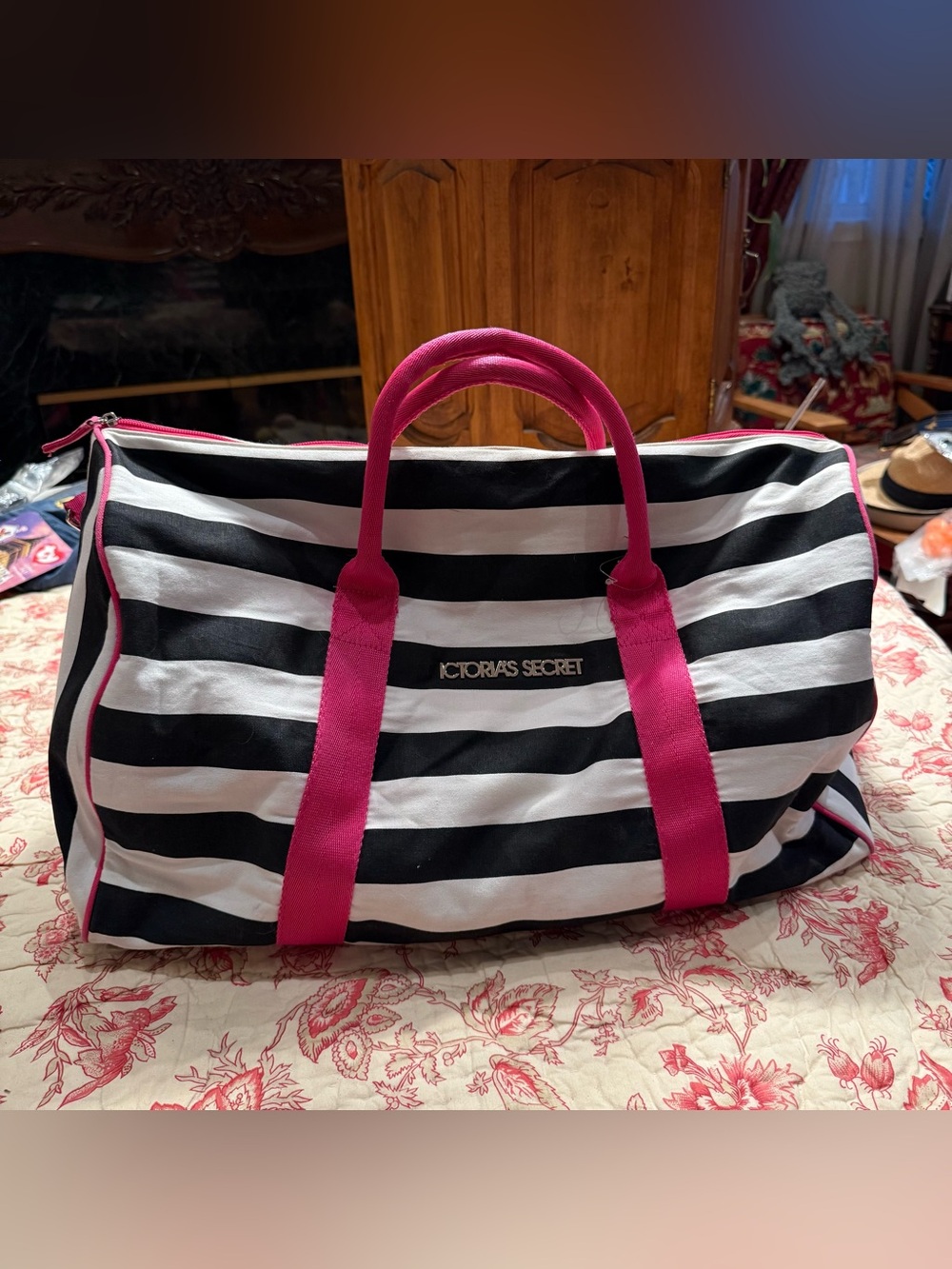 Y2K 2000s Victoria's Secret Black and White Striped Tote with Hot Pink Handles